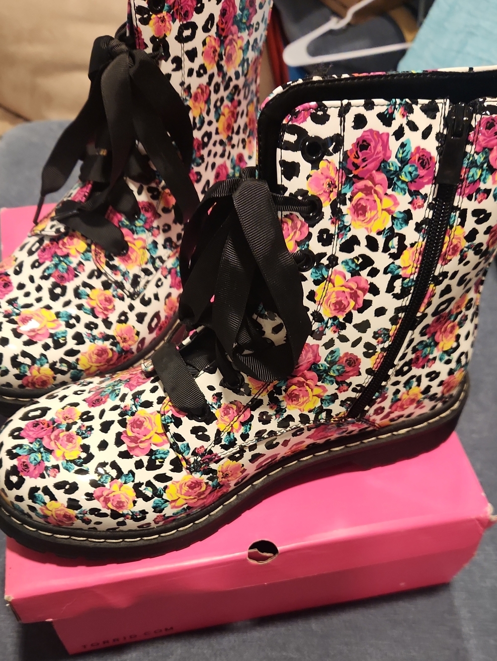 Like New Torrid/Betsey Johnson Leopard Rose Combat Boots - Picture 3 of 5
